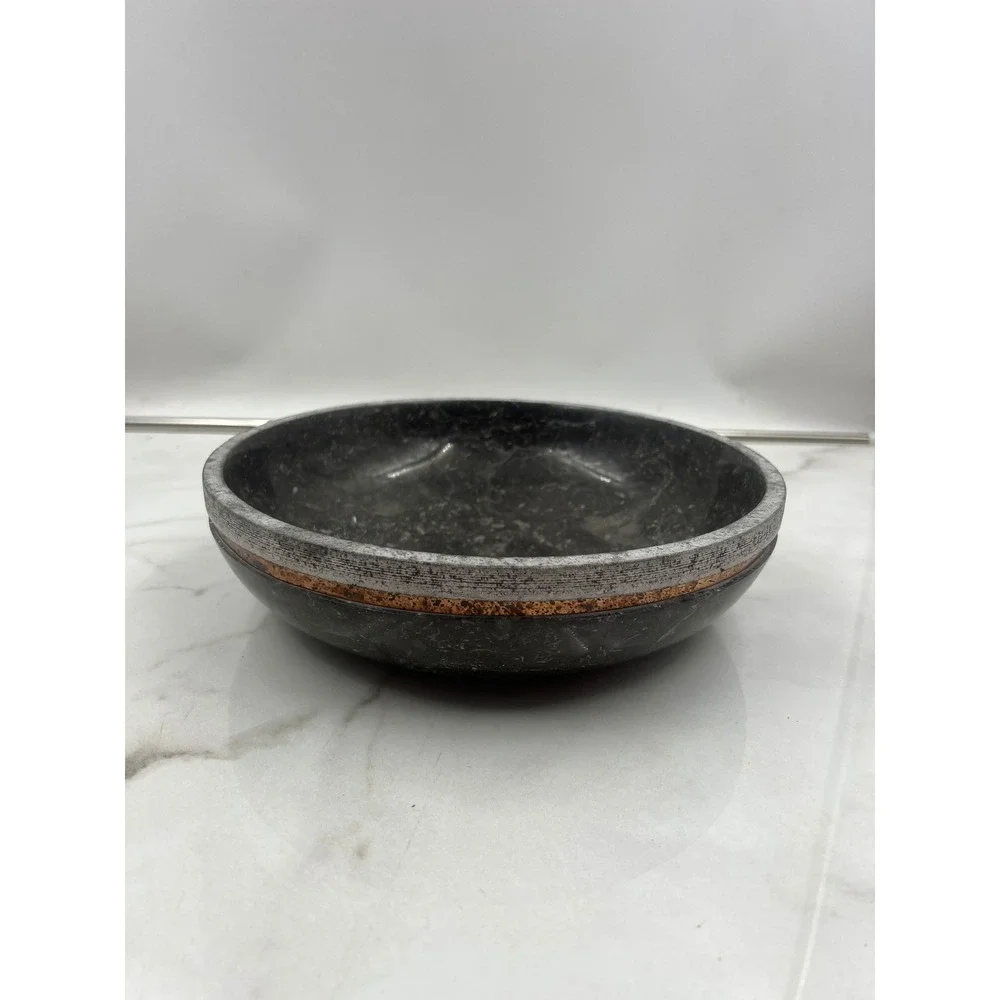 Tahari Home Marble Decorative Bowl Black Stone Copper Inlay Centerpiece 10in